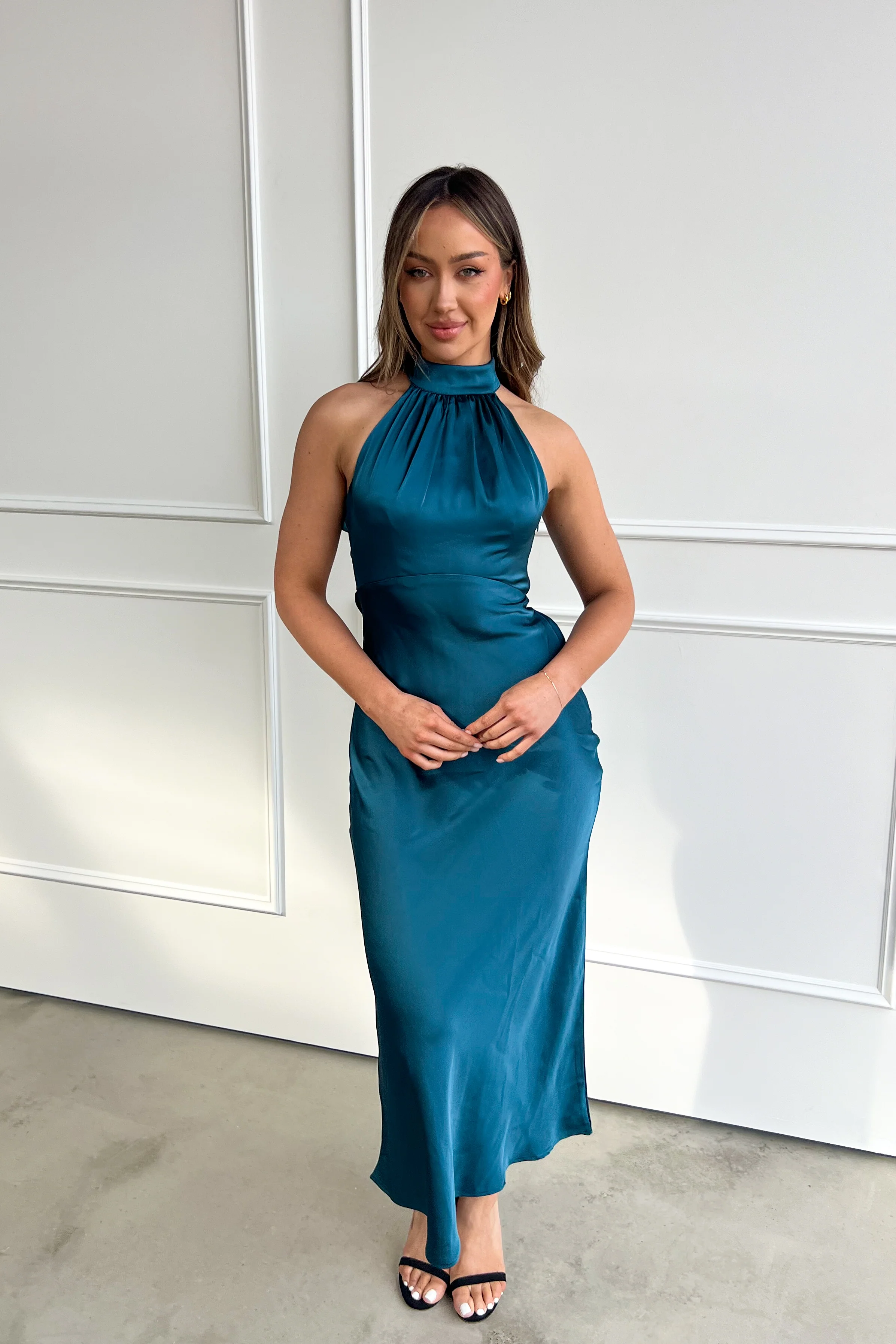 Elegant Teal Satin Halter Dress