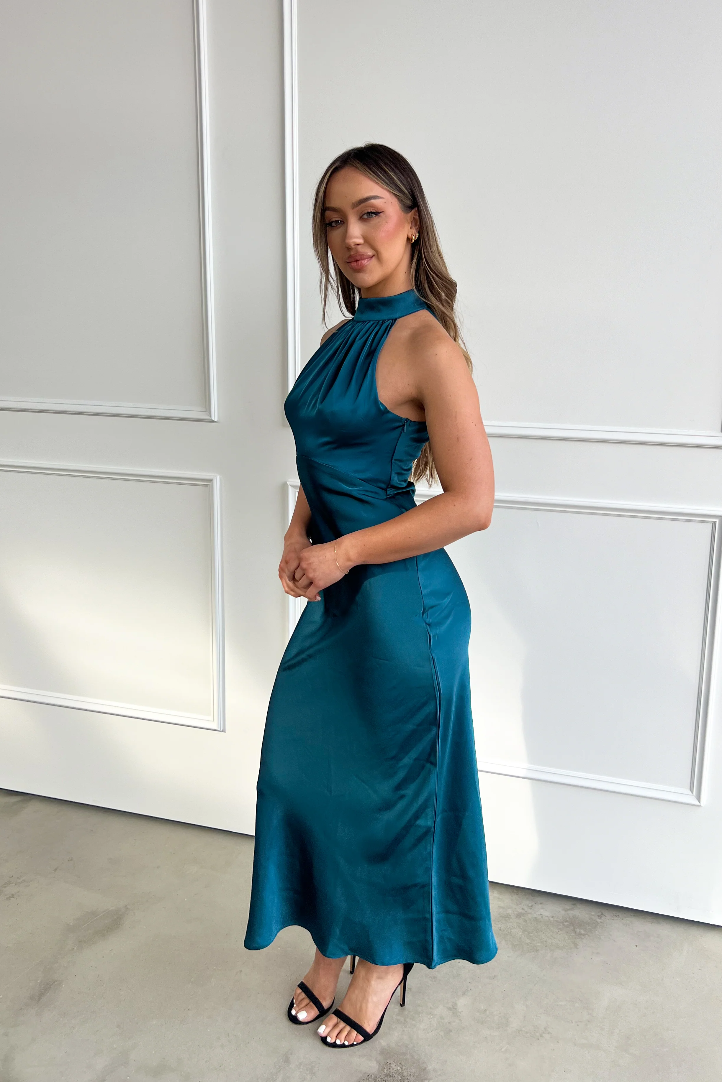 Elegant Teal Satin Halter Dress