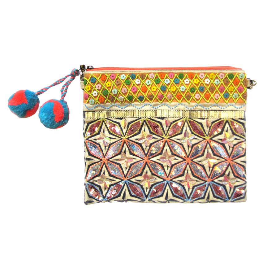 Vibrant Geometric Embroidered Clutch