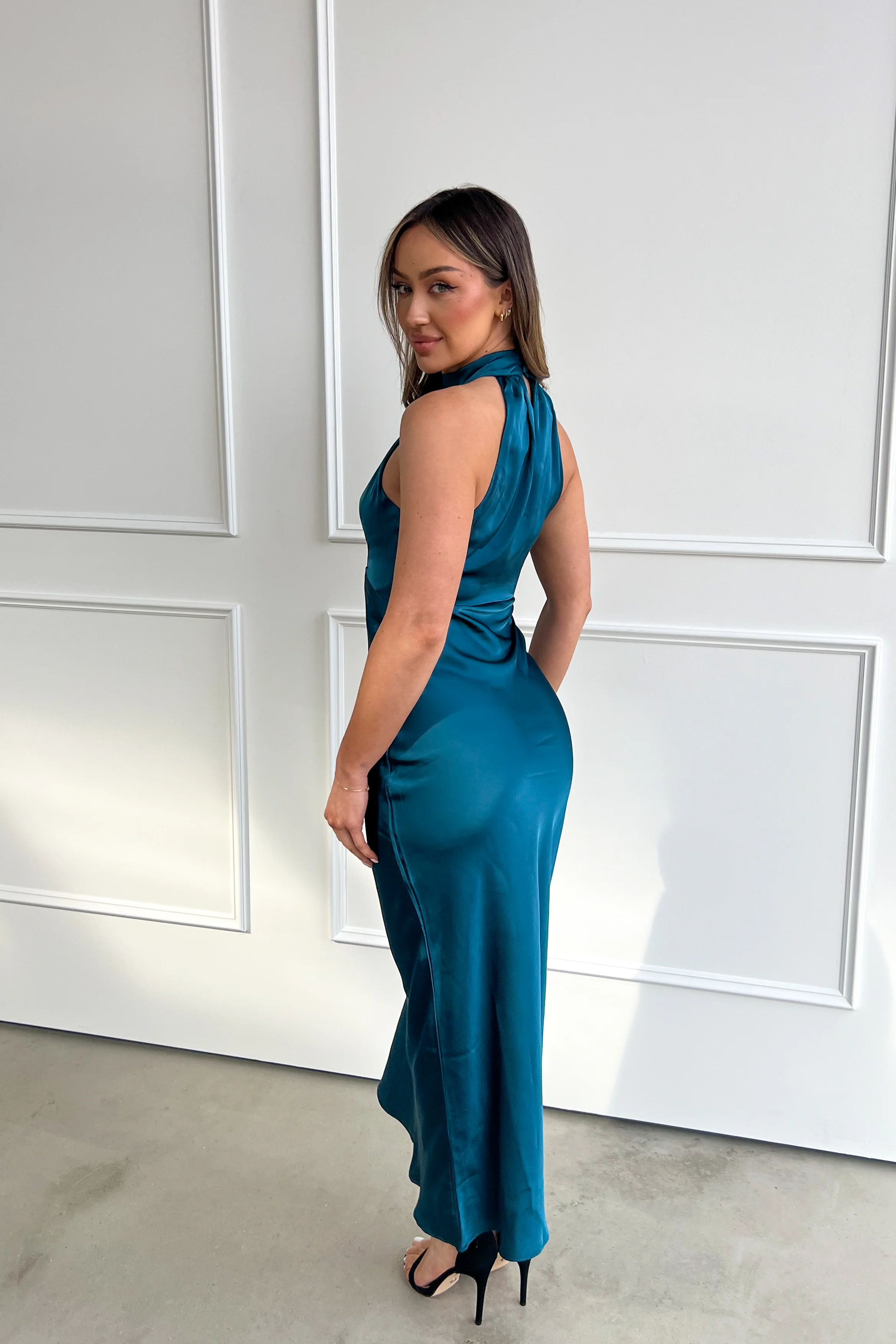 Elegant Teal Satin Halter Dress